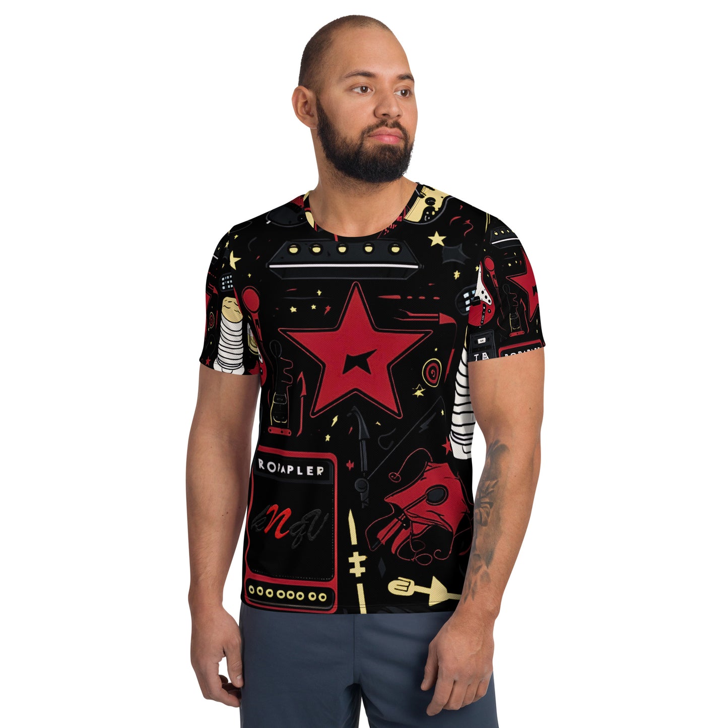Musician's All Over, Athletic T-Shirt for Men, Knqv, Christmas Gift and loving, Family t-shirt guitarist, musician, Percussion player , All over Christmas Pattern, Shirt Men's t-shirt All-Over Print Men's Athletic T-shirt