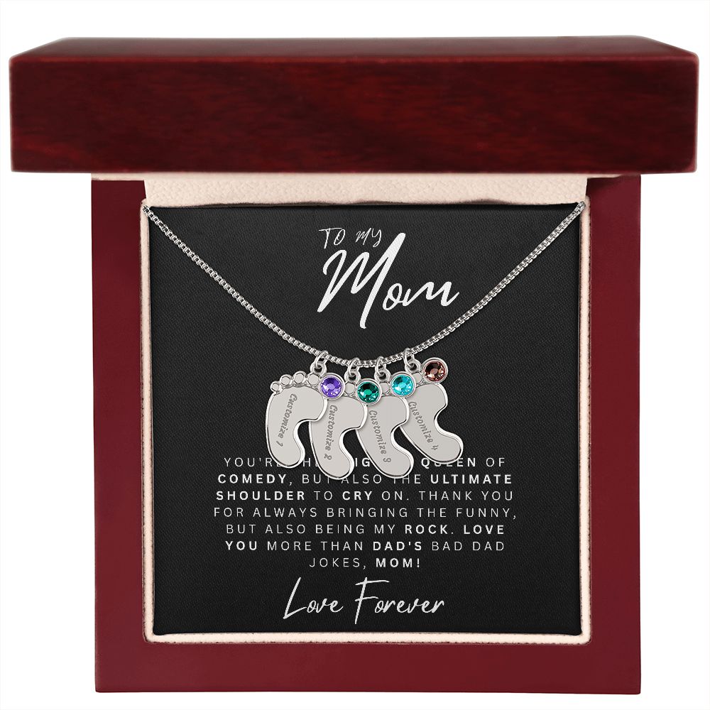 To My Mom | Original Queen Of Comedy | Baby Feet Necklace with Birthstone