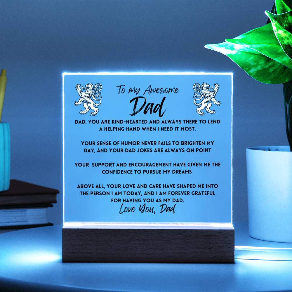 To My Awesome Dad, Square Acrylic Plaque LED, Father's Day Poem Keepsake, Optional LED Light, Birthday Gift for Him, Christmas Gift Keepsake for Dad,