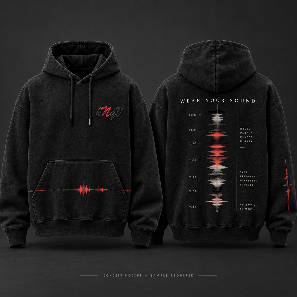 KNQV FREQUENCY black hoodie concept mockup