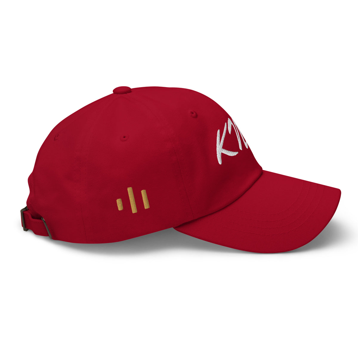 Product-only right-side view of KNQV Bordeaux Club cranberry embroidered dad hat with gold signal detail — Printful digital mockup