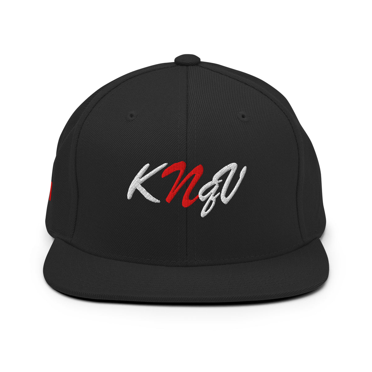 Product-only front view of KNQV Midnight 808 black and red embroidered snapback — Printful digital mockup