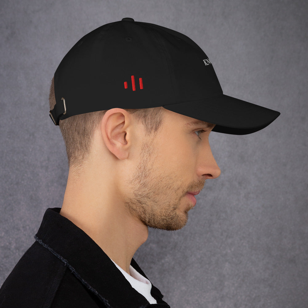 Printful male-model mockup — KNQV Midnight Monogram red signal right-side embroidery