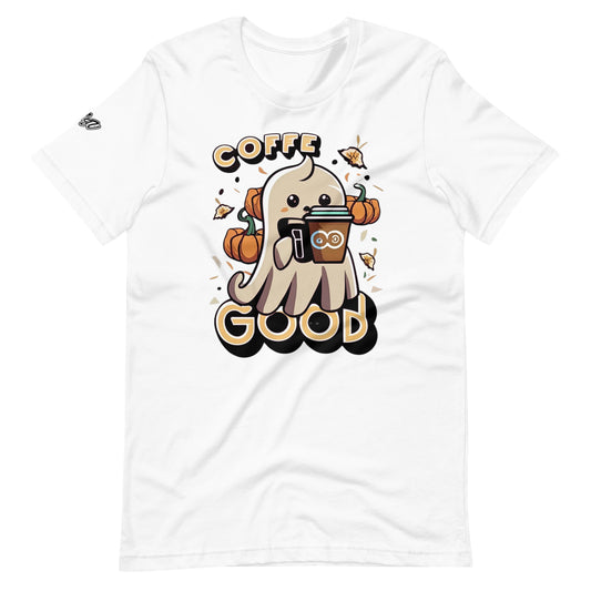 Cute Adorable Ghost with a Pumpkin spice Latte, Knqv, men's t-shirt, fun fall season pumpkin fall men's,  Unisex t-shirt