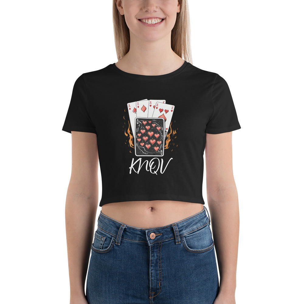 Flaming Cards Women's Crop Top, Knqv, Gift Deck of Cards Women's Crop Top Tees Standard, Gift for Christmas, Crop Top Casino Deck of Cards on Fire Short sleeve Crop Top Women's t-shirt, Women’s Crop Tee