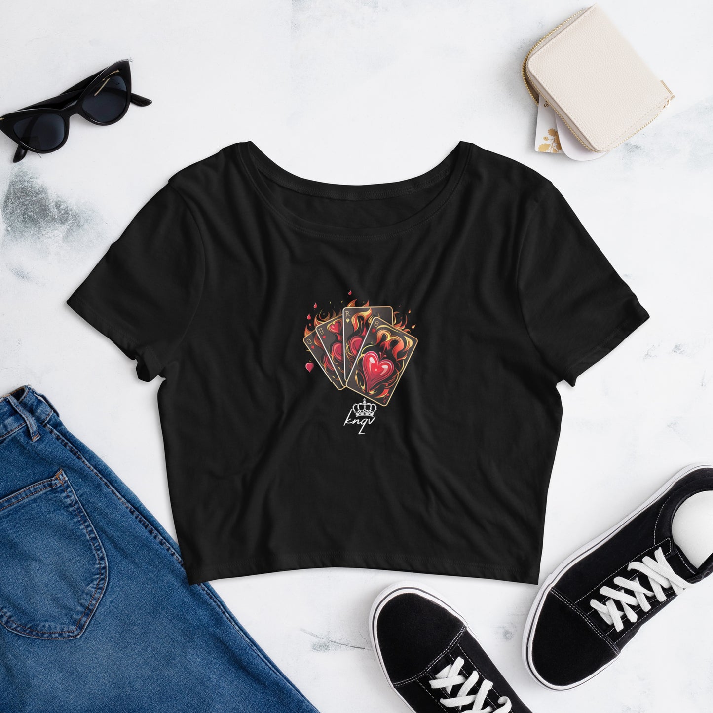 Flaming Cards Women's With KNQV Logo Crop Top, Knqv, Gift Deck of Cards Women's Crop Top Tees Standard, Gift for Christmas, Crop Top Casino Deck of Cards on Fire Short sleeve Crop Top Women's t-shirt, Women’s Crop Tee Women’s Crop Tee