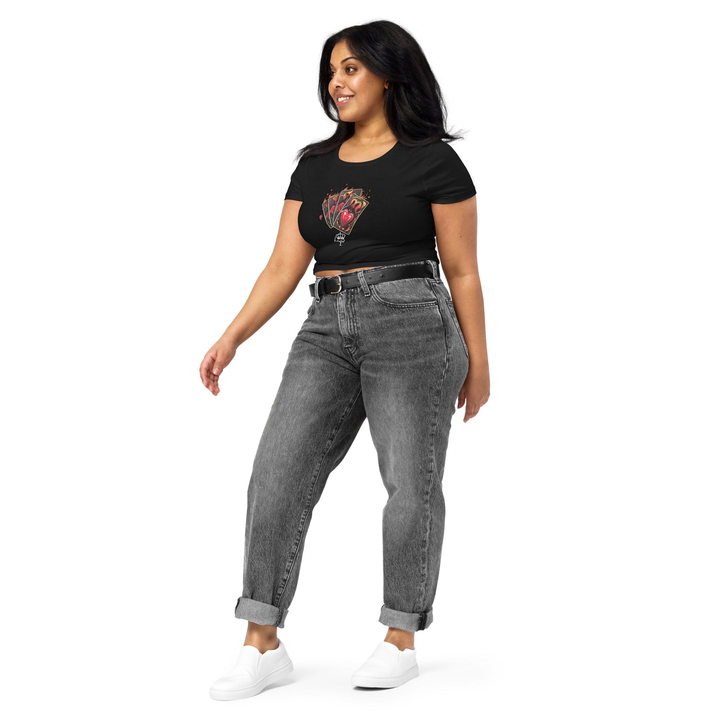 Flaming Cards Women's With KNQV Logo Crop Top, Knqv, Gift Deck of Cards Women's Crop Top Tees Standard, Gift for Christmas, Crop Top Casino Deck of Cards on Fire Short sleeve Crop Top Women's t-shirt, Women’s Crop Tee Women’s Crop Tee