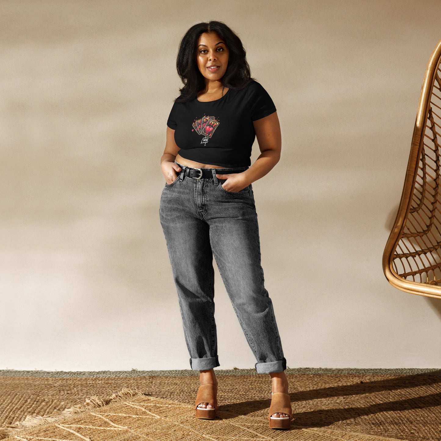 Flaming Cards Women's With KNQV Logo Crop Top, Knqv, Gift Deck of Cards Women's Crop Top Tees Standard, Gift for Christmas, Crop Top Casino Deck of Cards on Fire Short sleeve Crop Top Women's t-shirt, Women’s Crop Tee Women’s Crop Tee