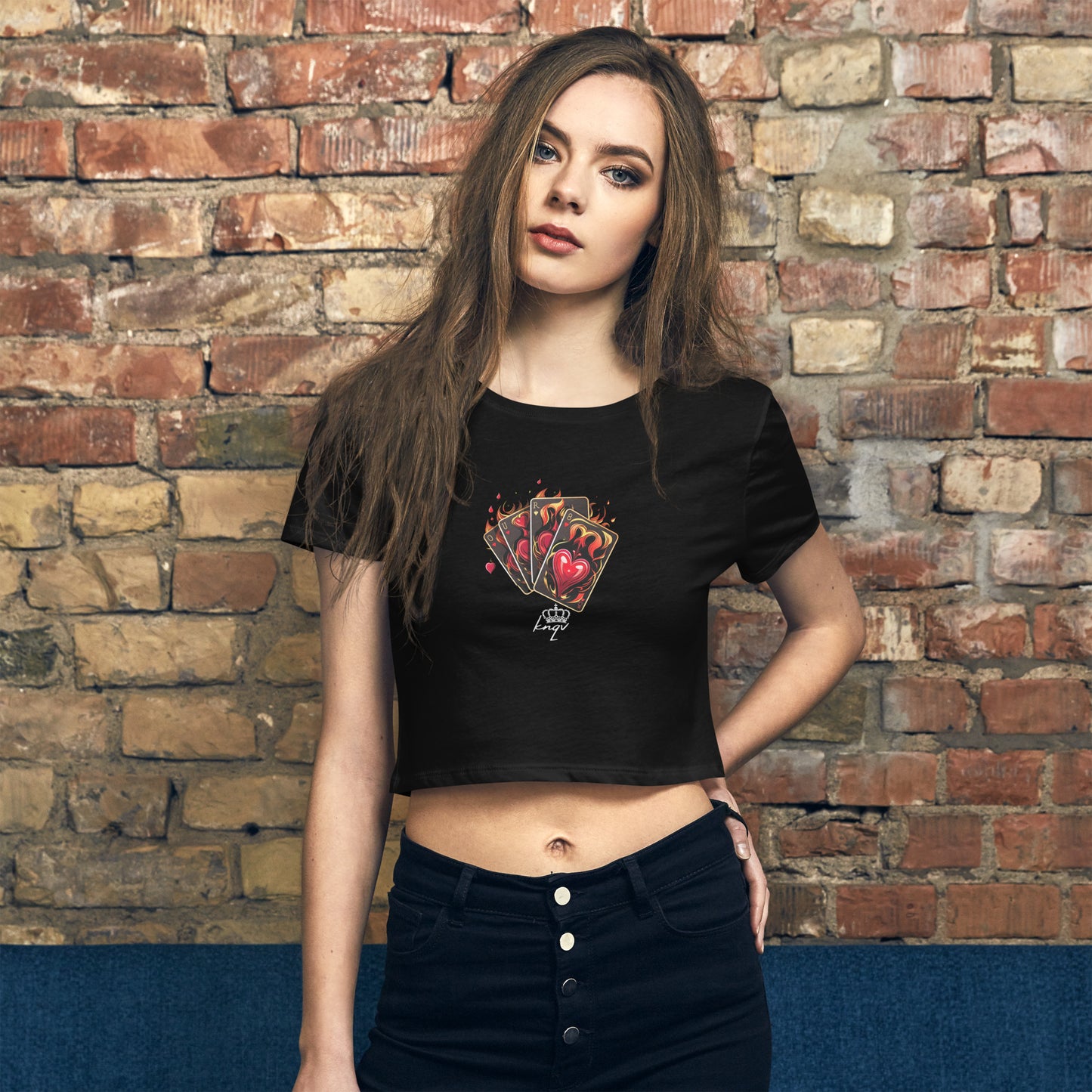 Flaming Cards Women's With KNQV Logo Crop Top, Knqv, Gift Deck of Cards Women's Crop Top Tees Standard, Gift for Christmas, Crop Top Casino Deck of Cards on Fire Short sleeve Crop Top Women's t-shirt, Women’s Crop Tee Women’s Crop Tee