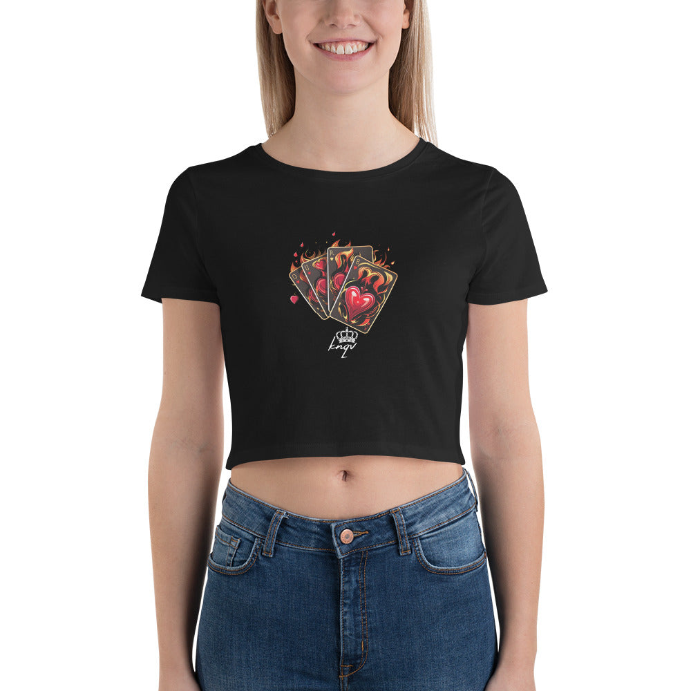 Flaming Cards Women's With KNQV Logo Crop Top, Knqv, Gift Deck of Cards Women's Crop Top Tees Standard, Gift for Christmas, Crop Top Casino Deck of Cards on Fire Short sleeve Crop Top Women's t-shirt, Women’s Crop Tee Women’s Crop Tee