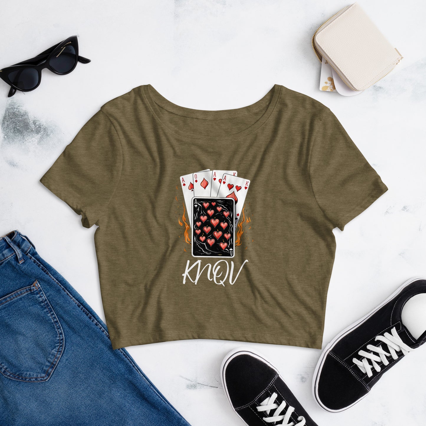 Flaming Cards Women's Crop Top, Knqv, Gift Deck of Cards Women's Crop Top Tees Standard, Gift for Christmas, Crop Top Casino Deck of Cards on Fire Short sleeve Crop Top Women's t-shirt, Women’s Crop Tee