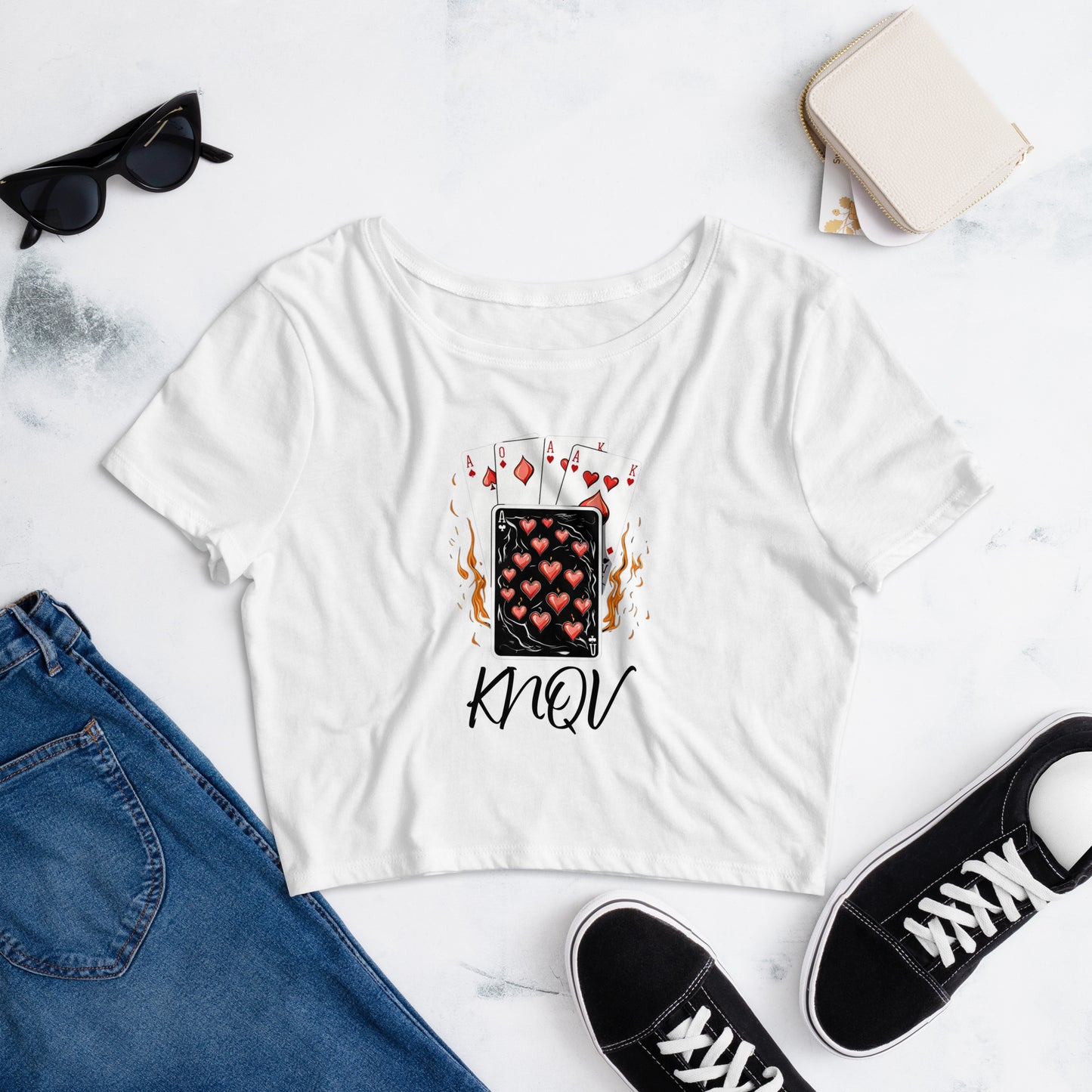 Flaming Cards Women's Crop Top, Knqv, Gift Deck of Cards Women's Crop Top Tees Standard, Gift for Christmas, Crop Top Casino Deck of Cards on Fire Short sleeve Crop Top Women's t-shirt, Women’s Crop Tee