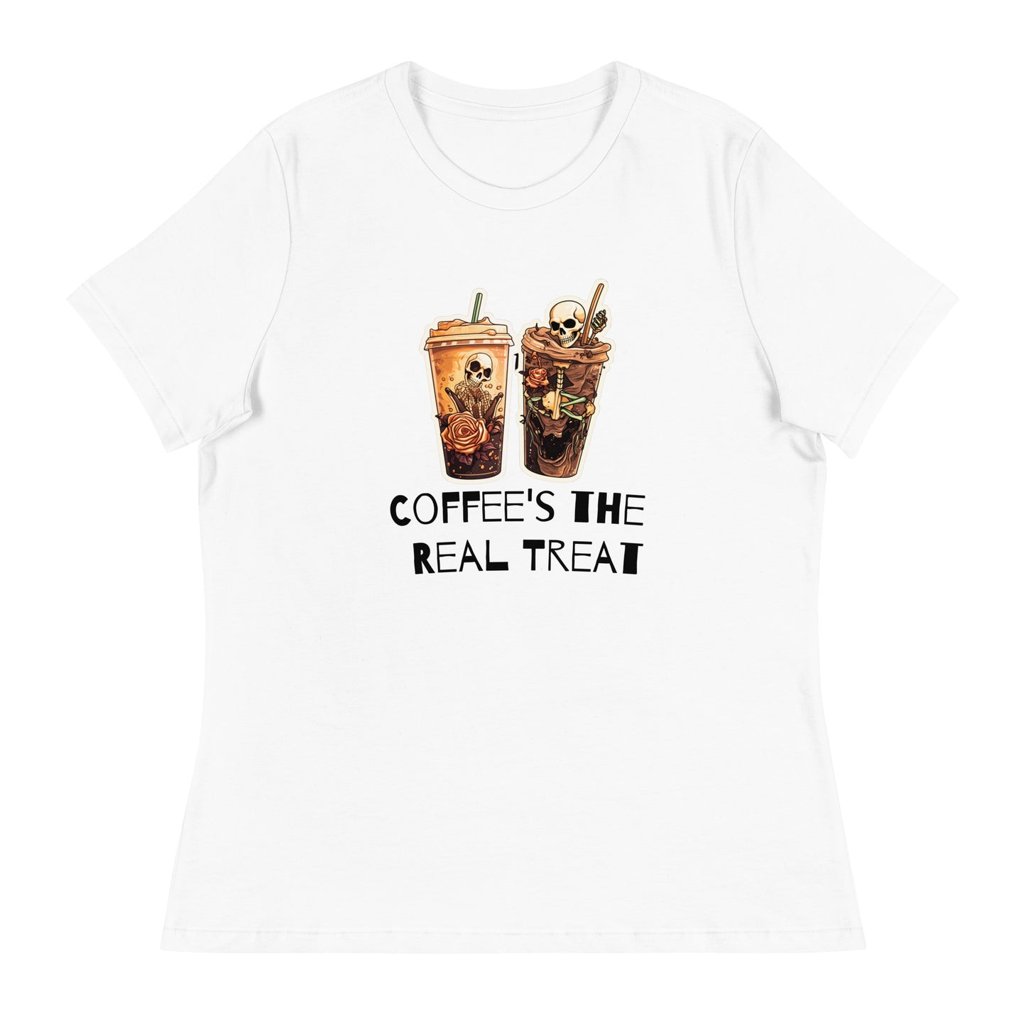 Fall "Coffee is the Treat"  Women's Relaxed T-Shirt, women's t-shirt, Halloween. Starbucks, Frapachino, Coffee for the morning, Fall Gift, Fall Season Women's Relaxed T-Shirt