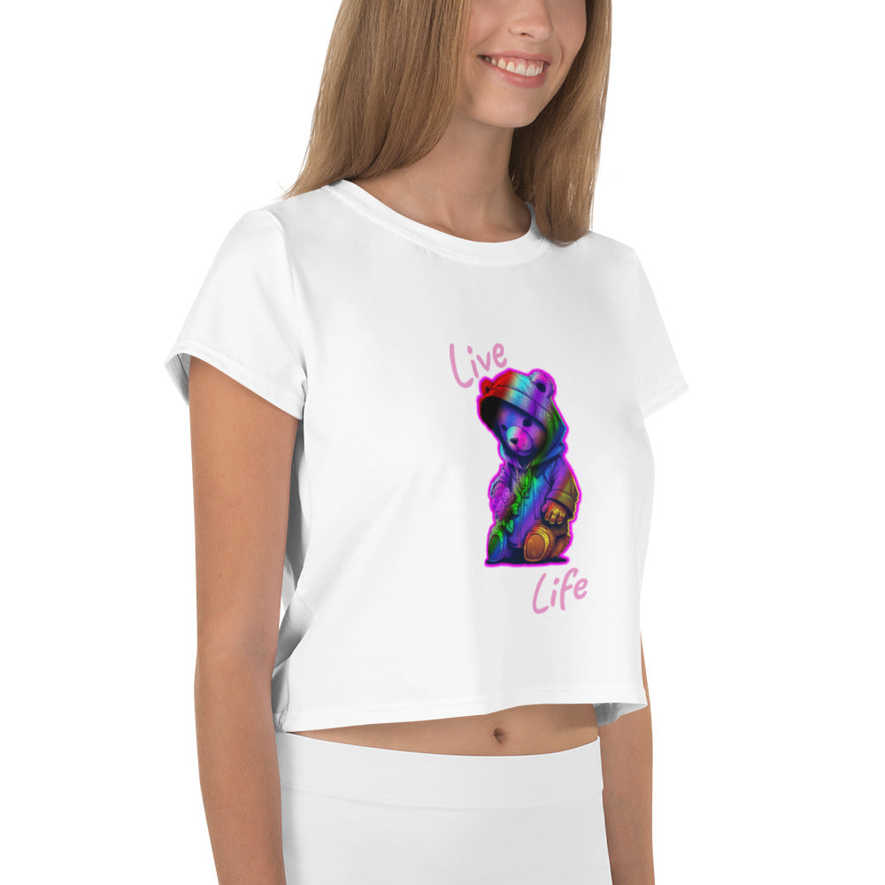 Knqv "Live Life" Teddy Bear | All-Over Print Crop Tee