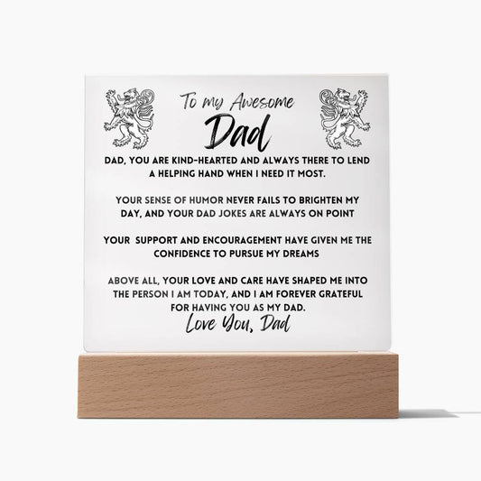 To My Awesome Dad, Square Acrylic Plaque LED, Father's Day Poem Keepsake, Optional LED Light, Birthday Gift for Him, Christmas Gift Keepsake for Dad,