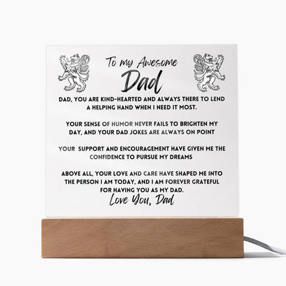 To My Awesome Dad, Square Acrylic Plaque LED, Father's Day Poem Keepsake, Optional LED Light, Birthday Gift for Him, Christmas Gift Keepsake for Dad,