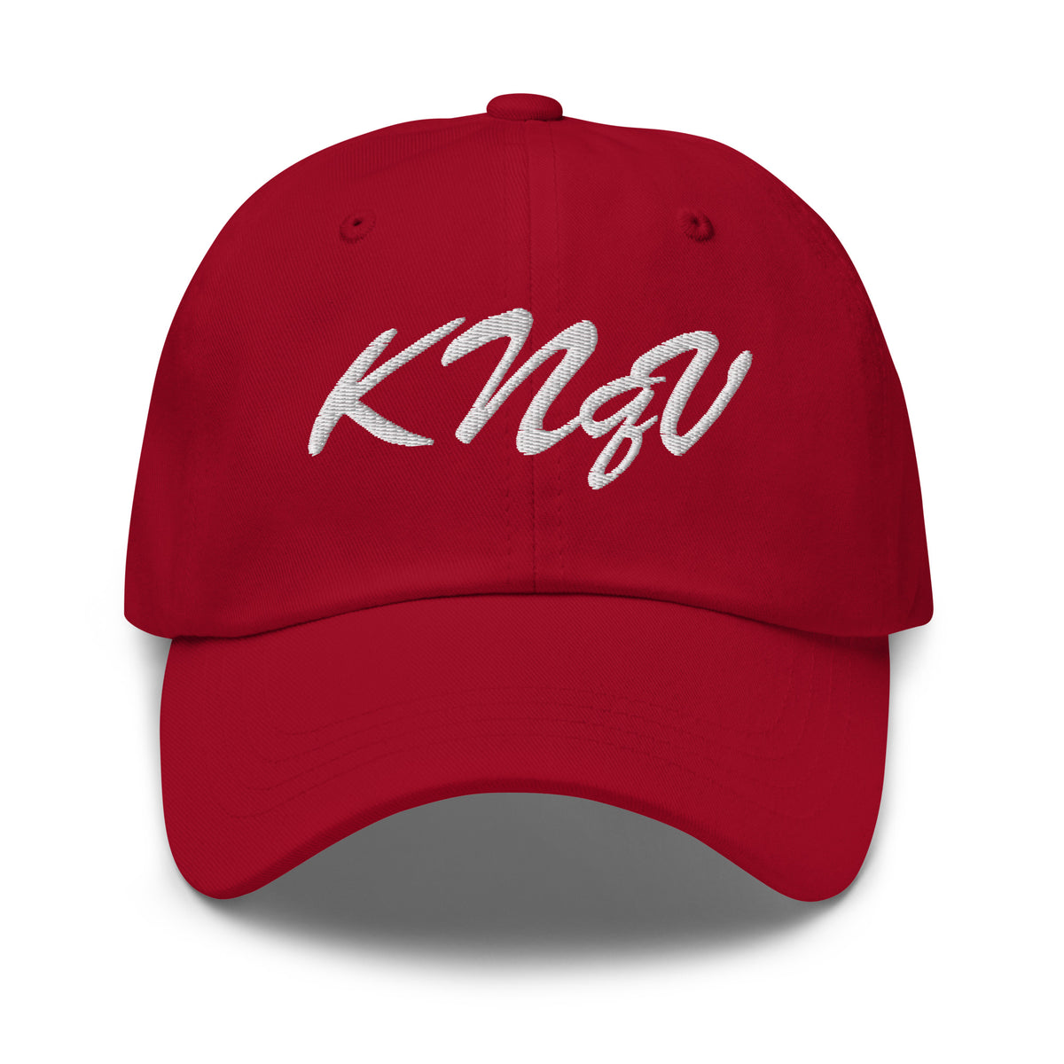 Product-only front view of KNQV Bordeaux Club cranberry embroidered dad hat — Printful digital mockup