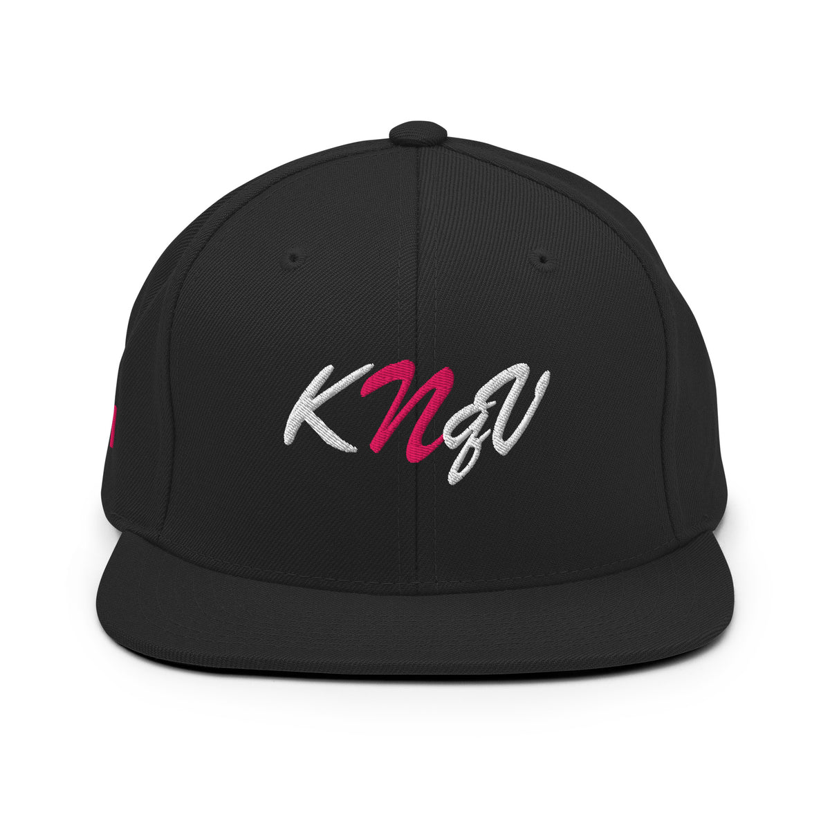 Product-only front view of KNQV Hot Signal black and pink embroidered snapback — Printful digital mockup