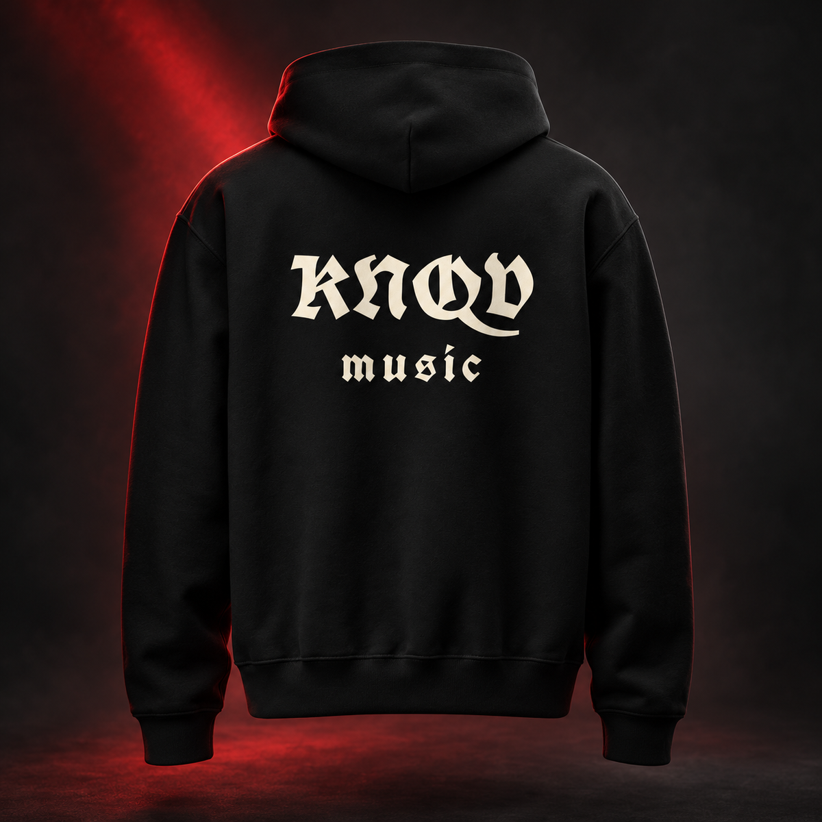 KNQV Music Capsule hoodie — AI-generated red-studio back mockup