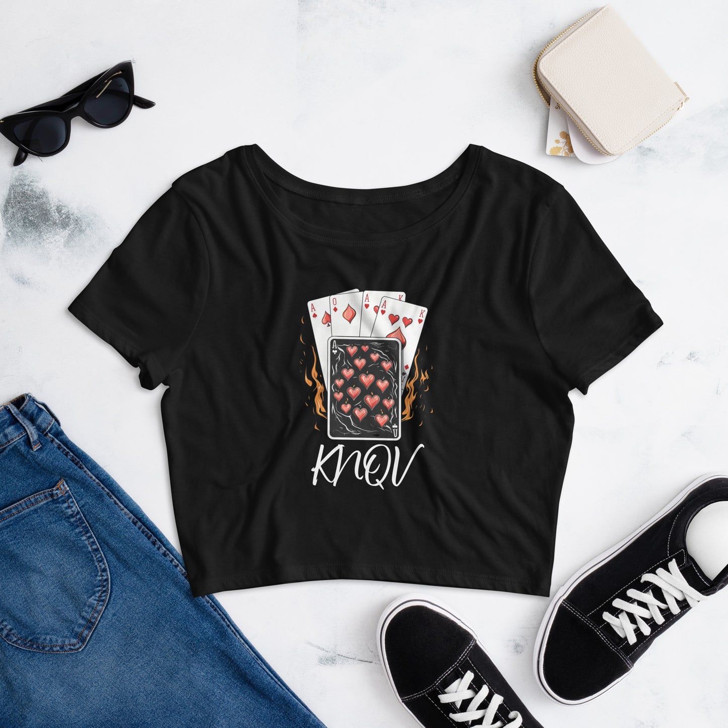Flaming Cards Women's Crop Top, Knqv, Gift Deck of Cards Women's Crop Top Tees Standard, Gift for Christmas,  Crop Top Casino Deck of Cards on Fire Short sleeve Crop Top Women's  t-shirt, Women’s Crop Tee