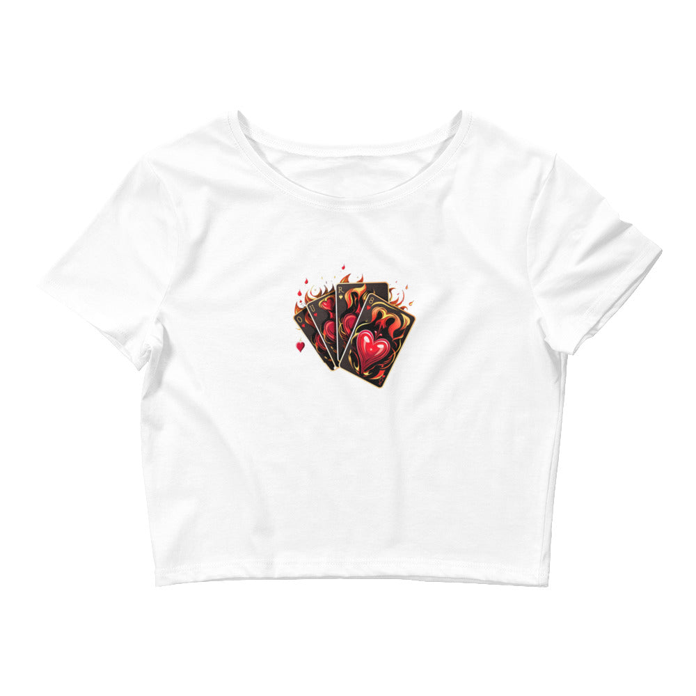 Flaming Cards Women's With KNQV Logo Crop Top, Knqv, Gift Deck of Cards Women's Crop Top Tees Standard, Gift for Christmas, Crop Top Casino Deck of Cards on Fire Short sleeve Crop Top Women's t-shirt, Women’s Crop Tee Women’s Crop Tee