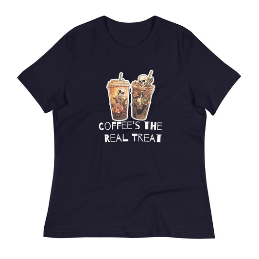 Fall "Coffee is the Treat"  Women's Relaxed T-Shirt, women's t-shirt, Halloween. Starbucks, Frapachino, Coffee for the morning, Fall Gift, Fall Season Women's Relaxed T-Shirt